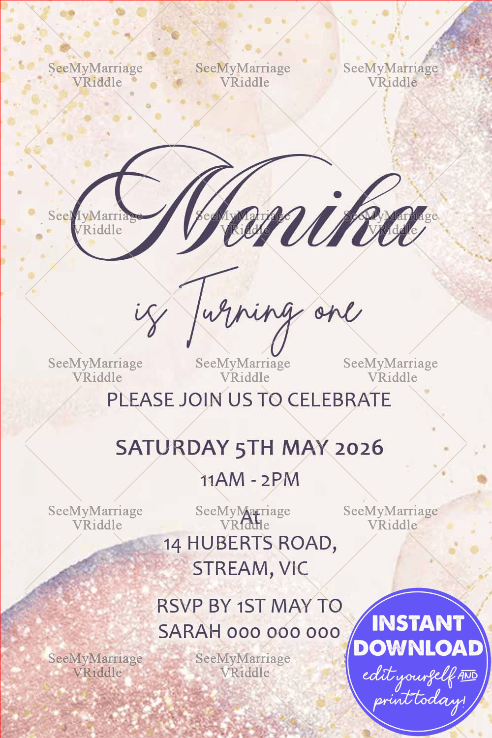Elegant Pastel First Birthday Invitation with Gold Glitter Accents and Watercolor Background
