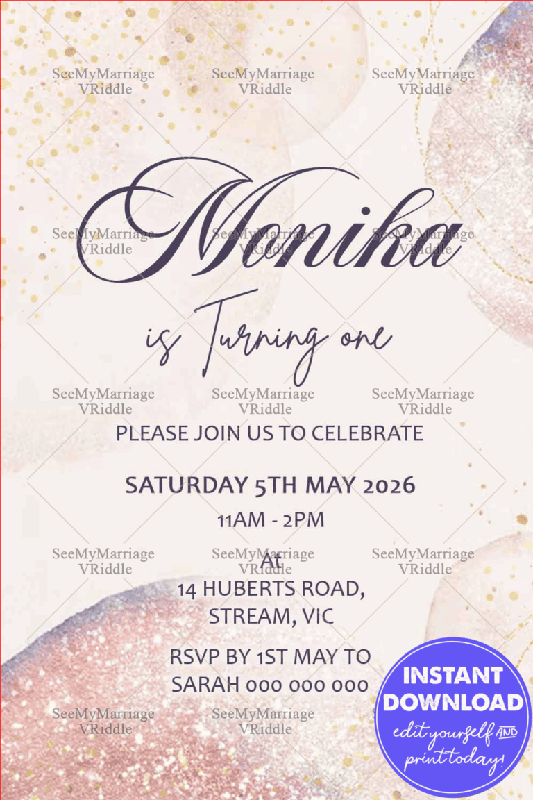 Elegant Pastel First Birthday Invitation with Gold Glitter Accents and Watercolor Background