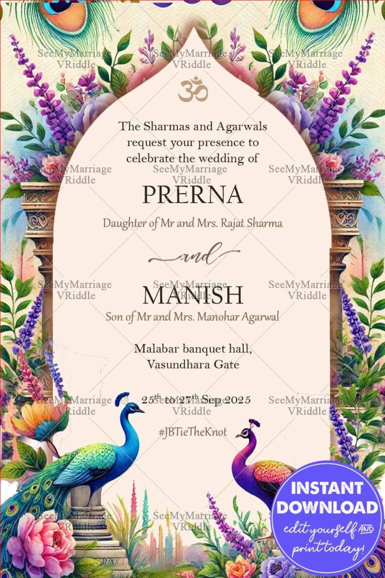 Elegant Peacock Wedding Invitation with Floral Indian Theme