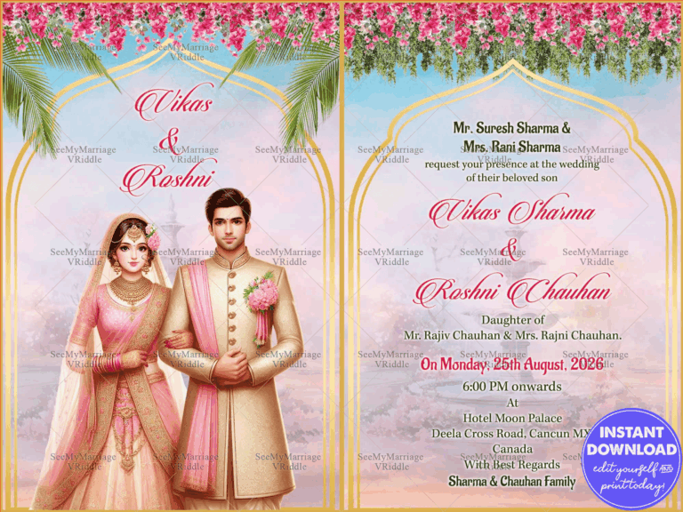Elegant Pink & Gold Wedding Invitaion Featuring Traditional Indian Bride & Groom with Floral Design