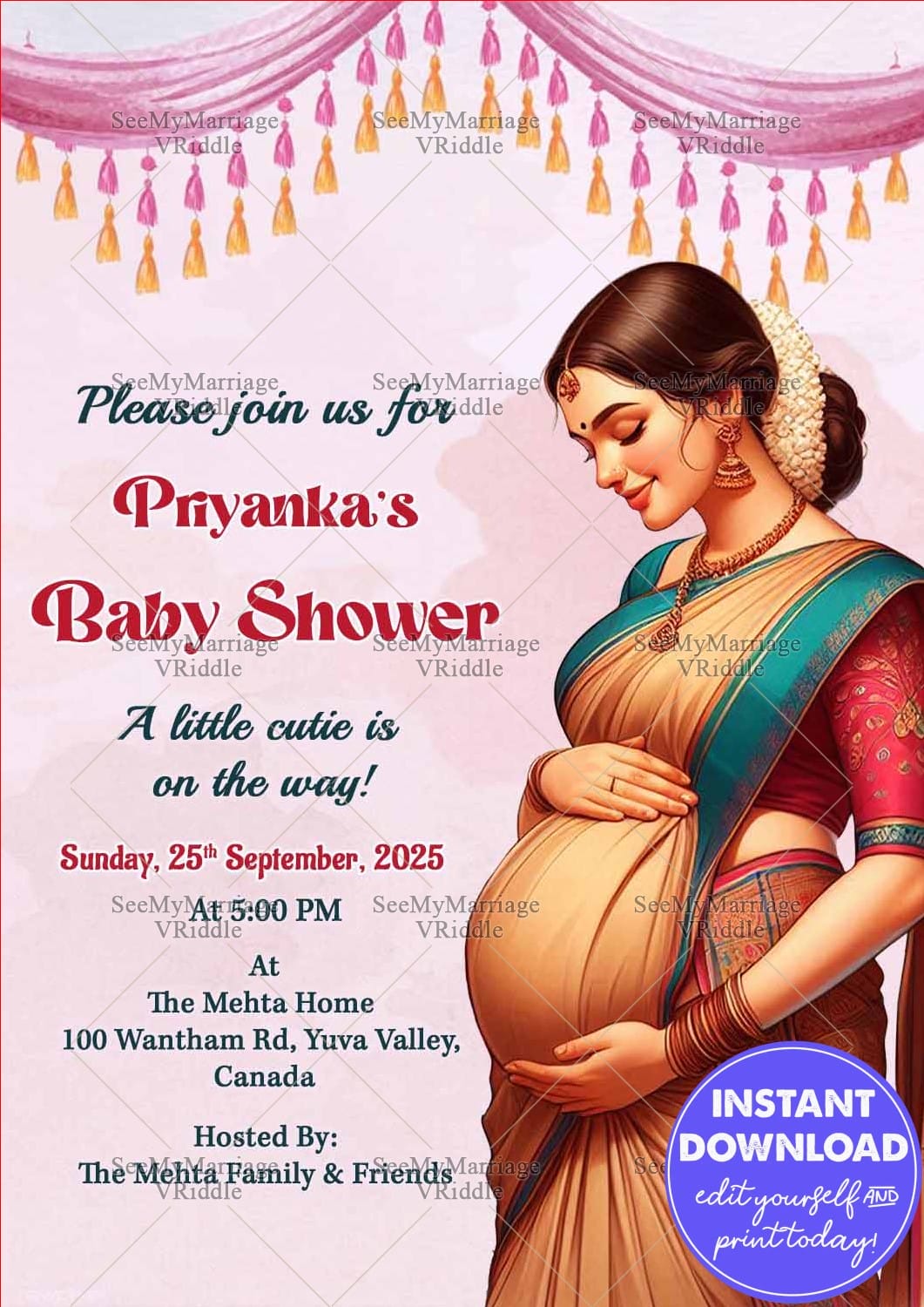 Elegant Pink Theme Seemantham Ceremony Invitation with Lady Wearing Traditional Saree Design