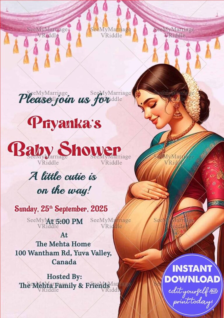 Elegant Pink Theme Seemantham Ceremony Invitation with Lady Wearing Traditional Saree Design