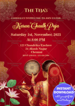 Elegant Red Karwa Chauth Invitation Traditional Puja Celebration Card