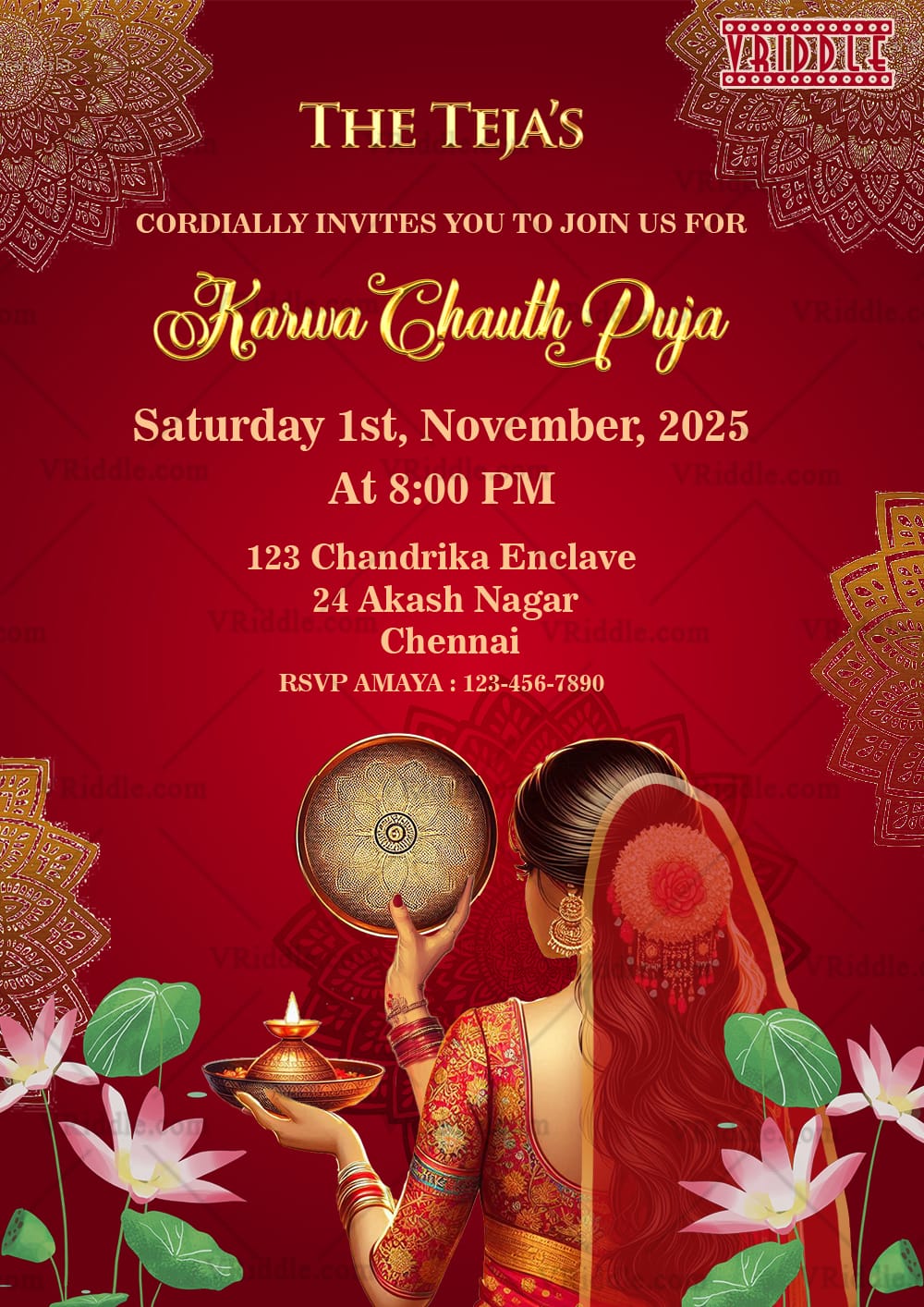 Elegant Red Karwa Chauth Invitation Traditional Puja Celebration Card