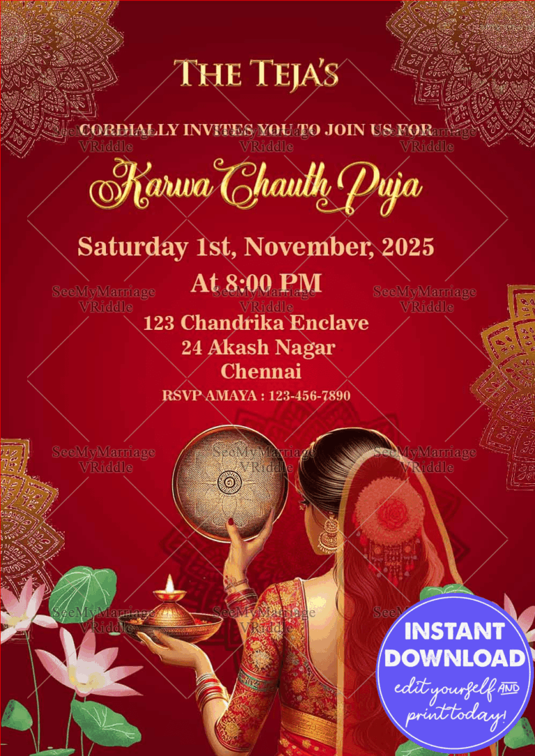 Elegant Red Karwa Chauth Invitation Traditional Puja Celebration Card