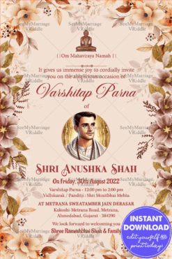 Elegant Varshitap Parna Invitation with Hearty Floral Accents and Spiritual Design Elements