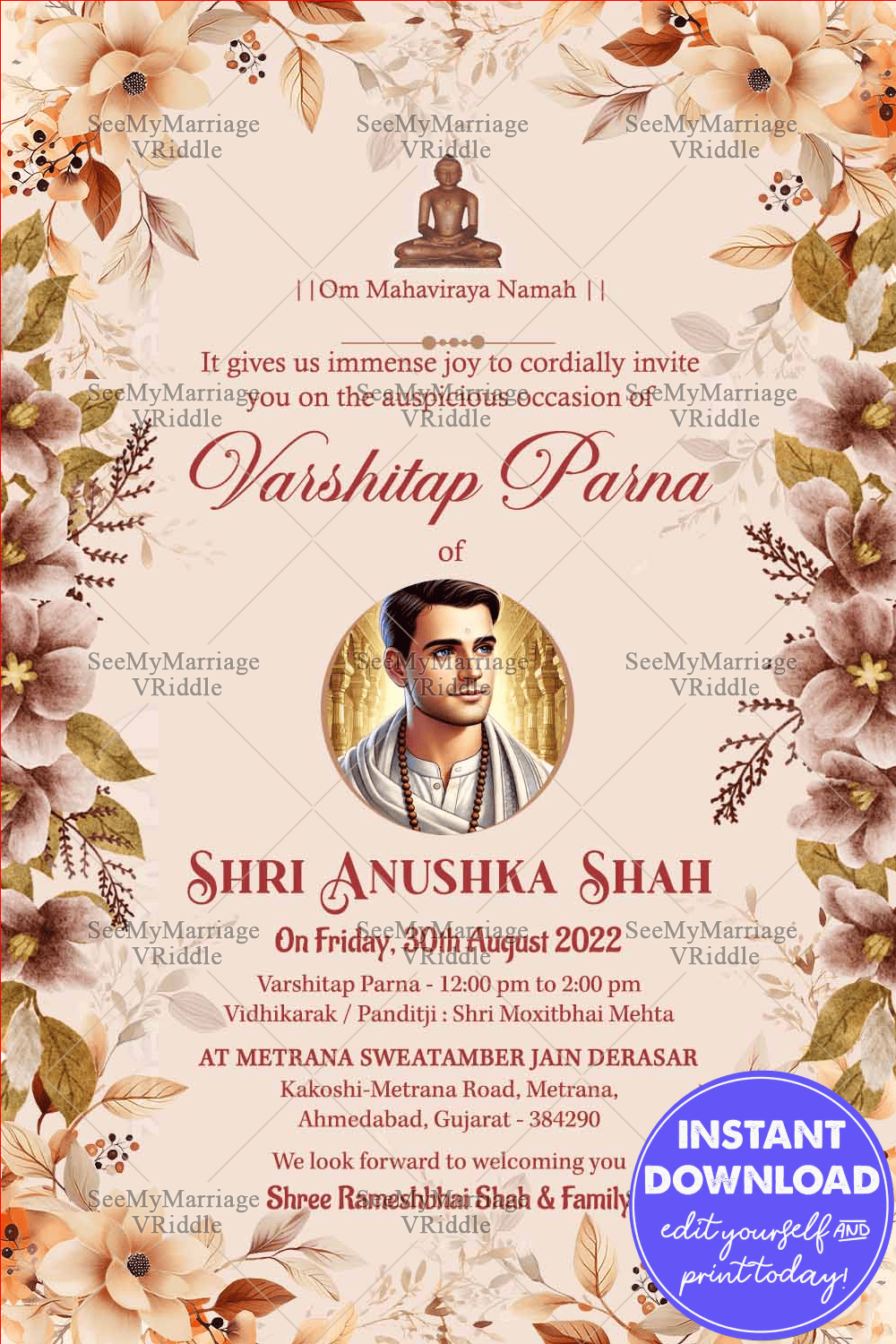 Elegant Varshitap Parna Invitation with Hearty Floral Accents and Spiritual Design Elements