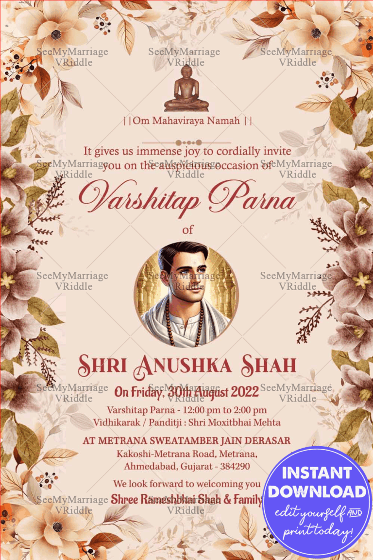 Elegant Varshitap Parna Invitation with Hearty Floral Accents and Spiritual Design Elements