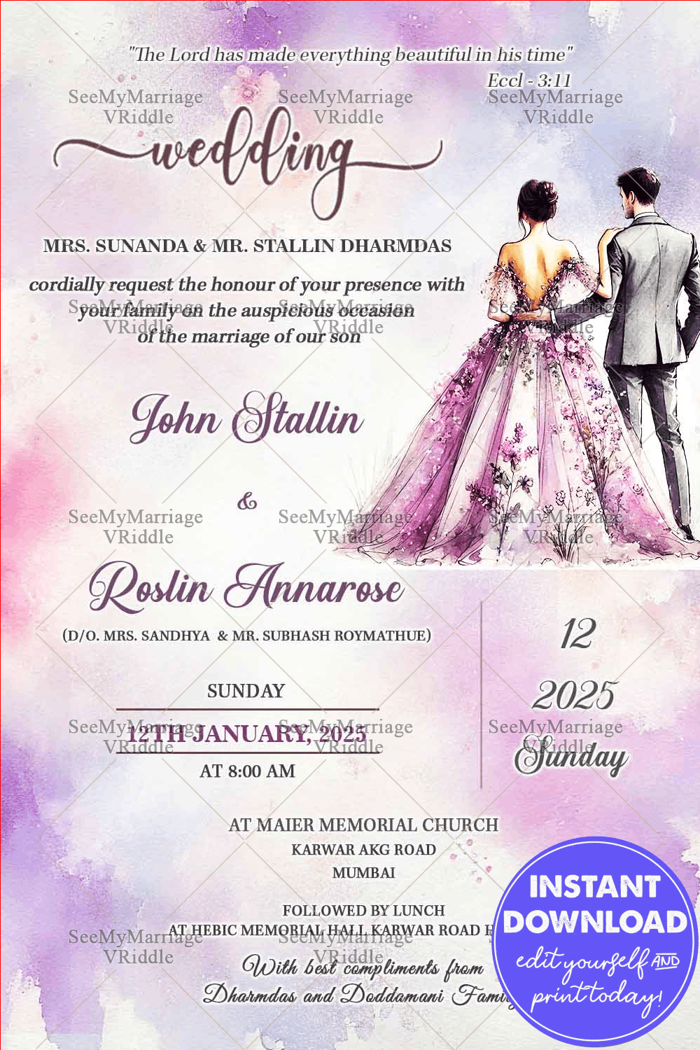 Elegant Watercolor Christian Wedding Invitation with Floral Couple Illustration