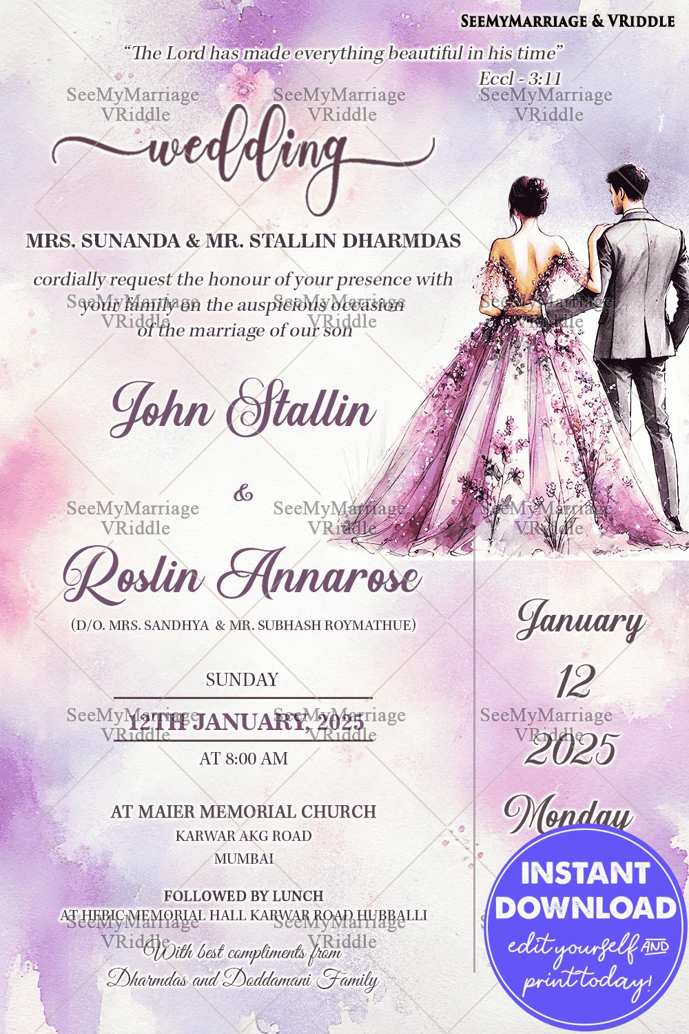 Elegant Watercolor Christian Wedding Invitation with Floral Couple Illustration