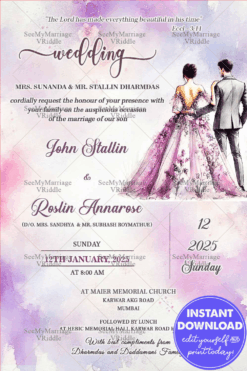 Elegant Watercolor Christian Wedding Invitation with Floral Couple Illustration