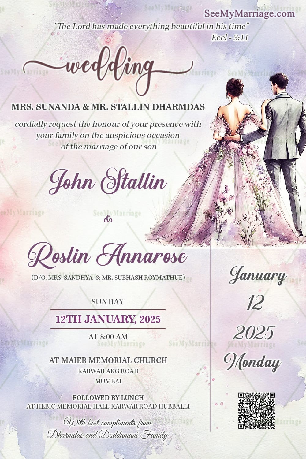 Elegant Watercolor Christian Wedding Invitation with Floral Couple Illustration