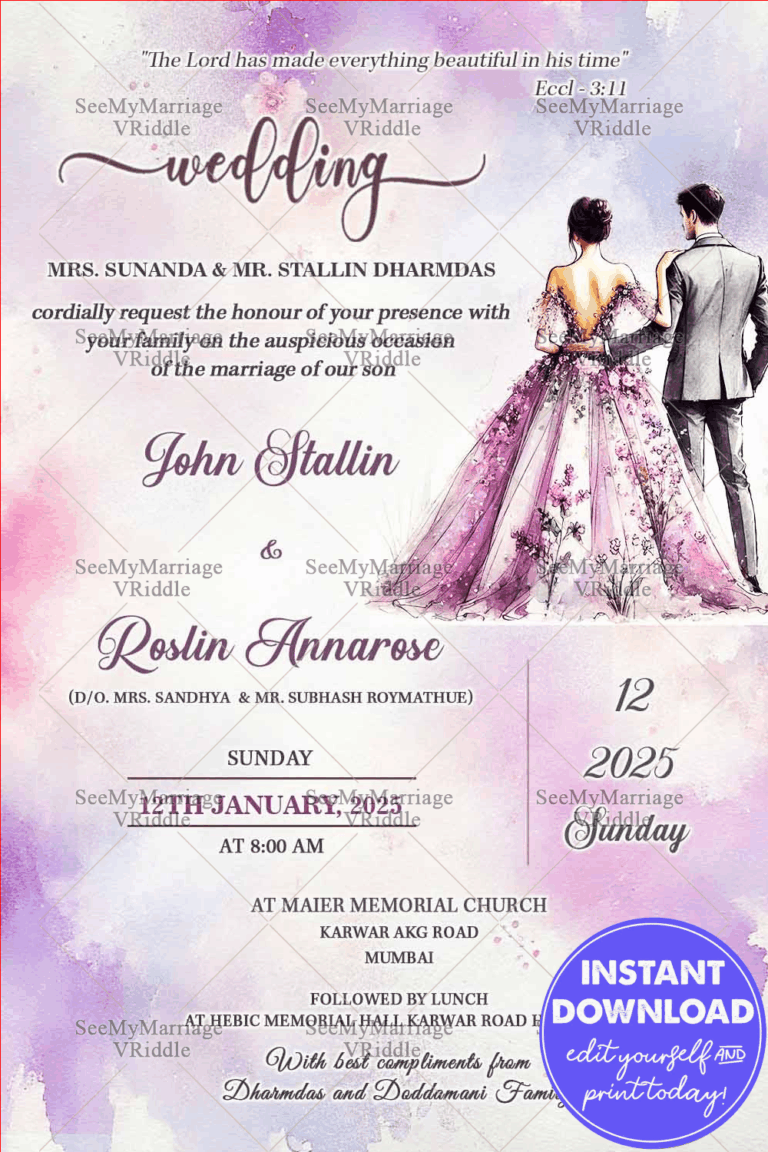 Elegant Watercolor Christian Wedding Invitation with Floral Couple Illustration