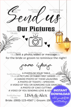 Elegant Wedding Guest Photo Submission Poster with Floral Accents and Hanging Lanterns