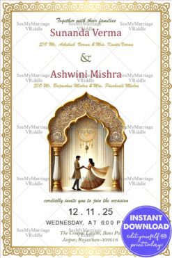 Elegant Wedding Invitation with Gold Archway and Couple Illustration