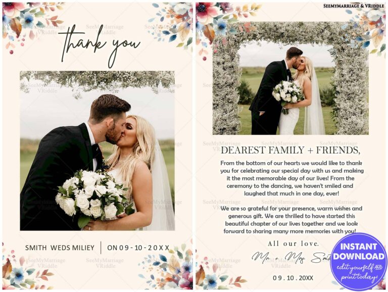 Elegant Wedding Thank You Card with Floral Accents and Romantic Couple Photo