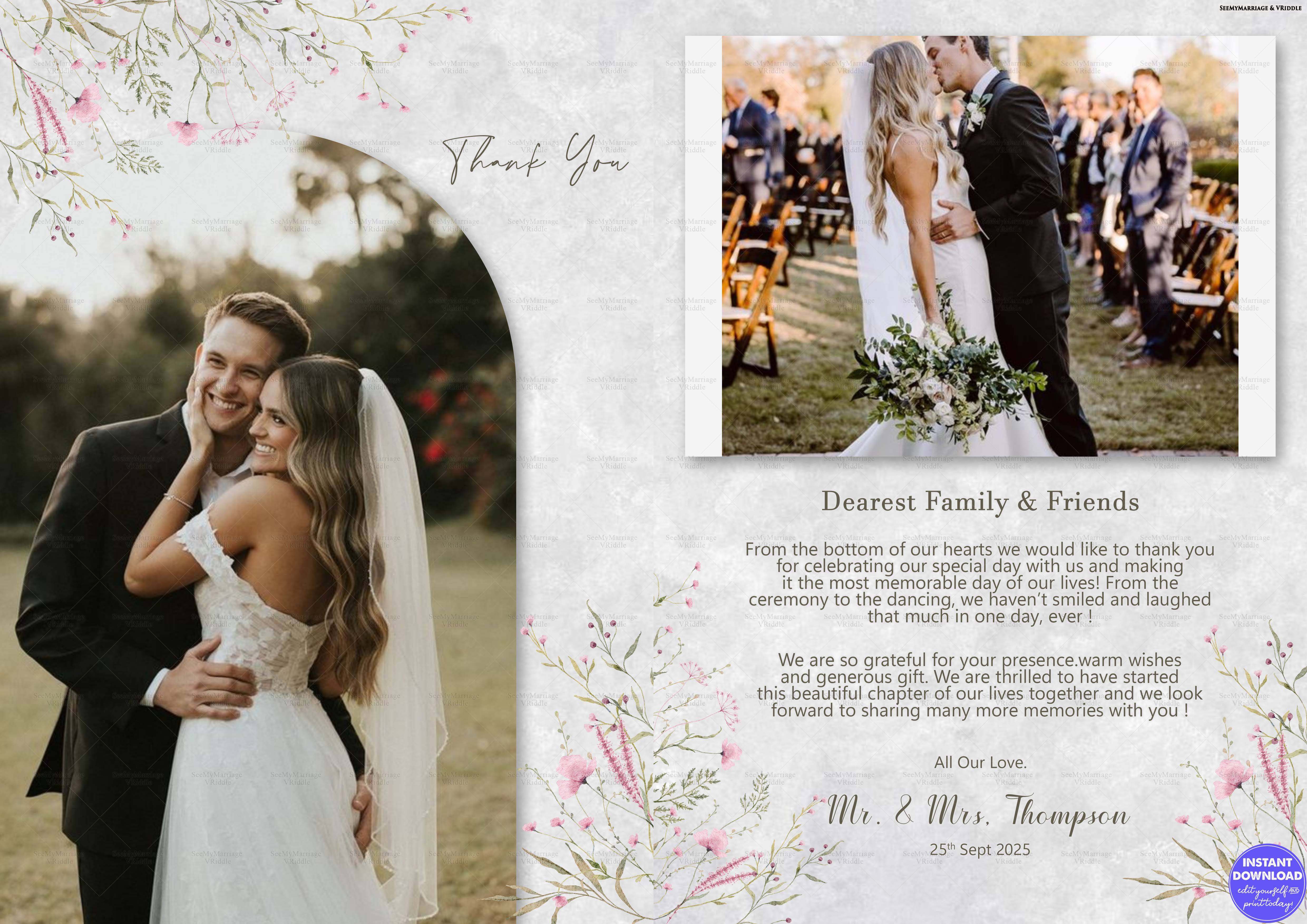 Elegant Wedding Thank You Card with Floral Illustrations and Personalized Photos in Soft Pastel Background