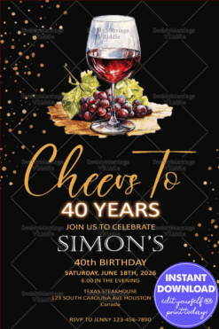 Elegant Wine-Themed 40th Birthday Celebration Invitation with Black Background and Gold Accents