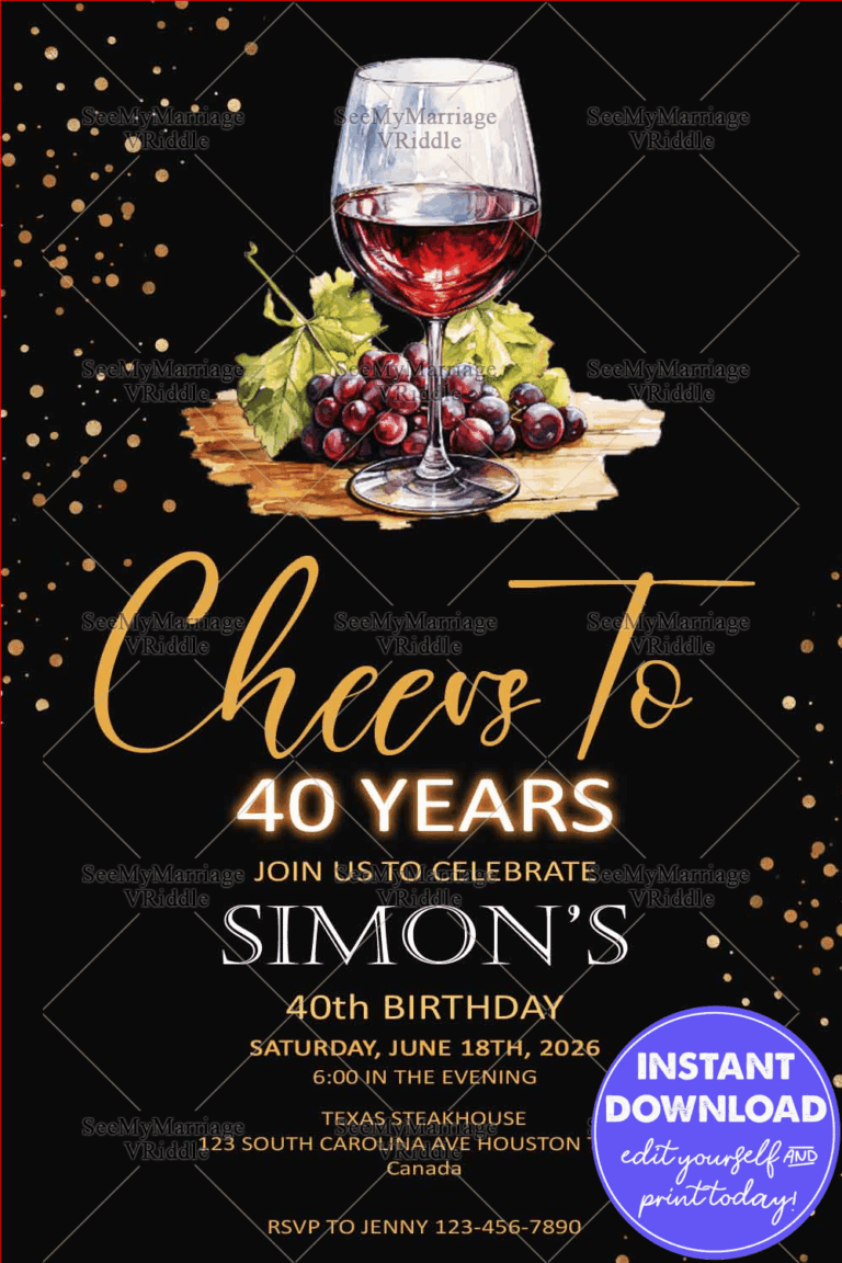Elegant Wine-Themed 40th Birthday Celebration Invitation with Black Background and Gold Accents