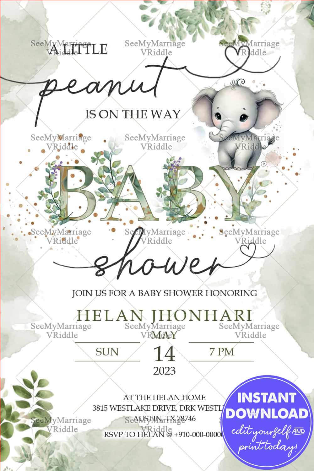 Elephant Charm Baby Shower Invitation with Greenery Accents
