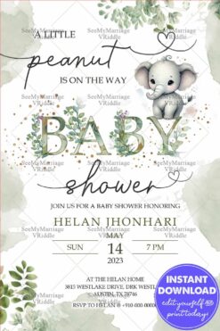 Elephant Charm Baby Shower Invitation with Greenery Accents