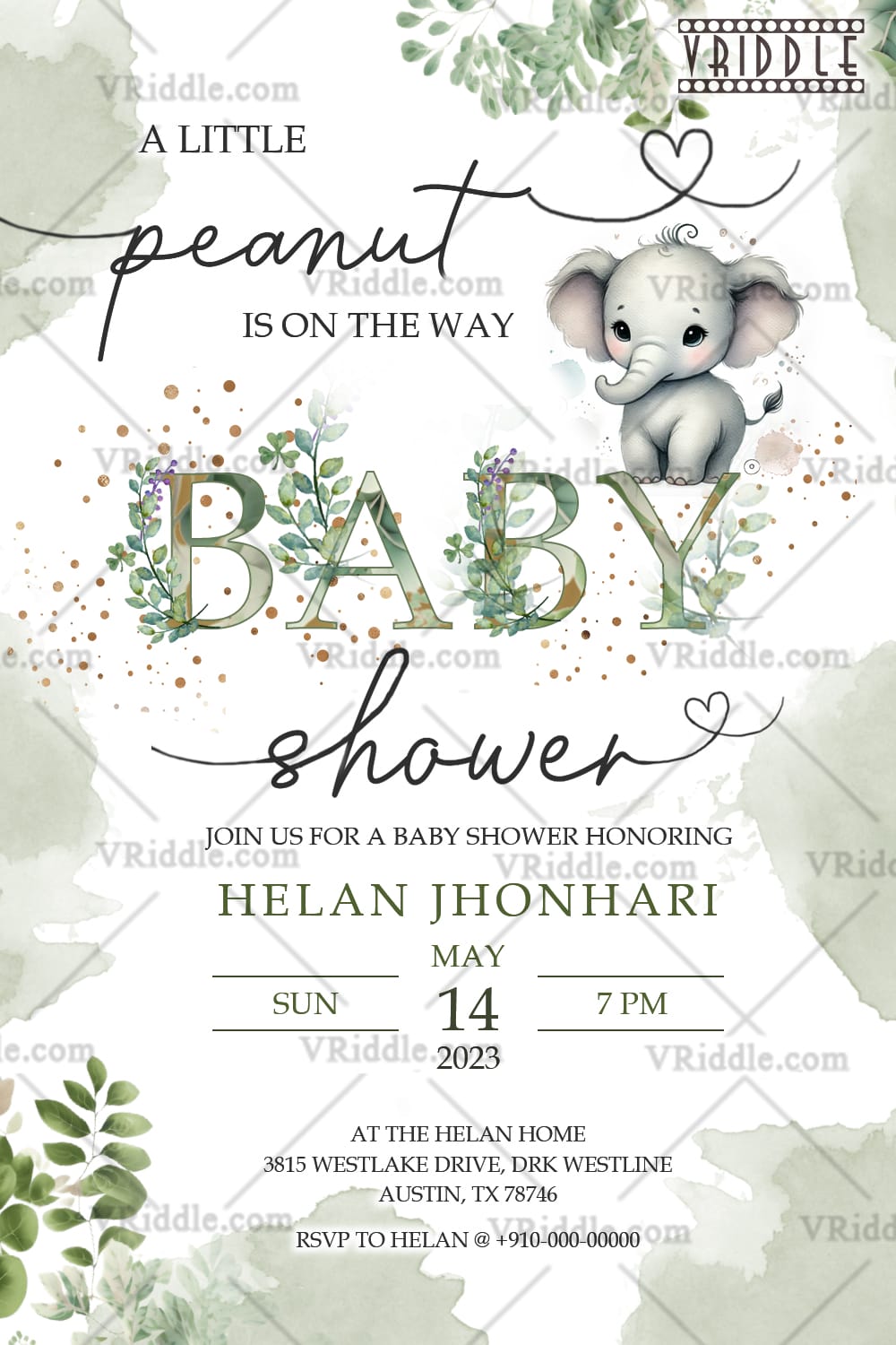 Elephant Charm Baby Shower Invitation with Greenery Accents