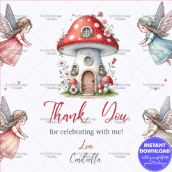 Fairy Cottage Thank You Card Magical Mushroom House with Flying Fairies Design