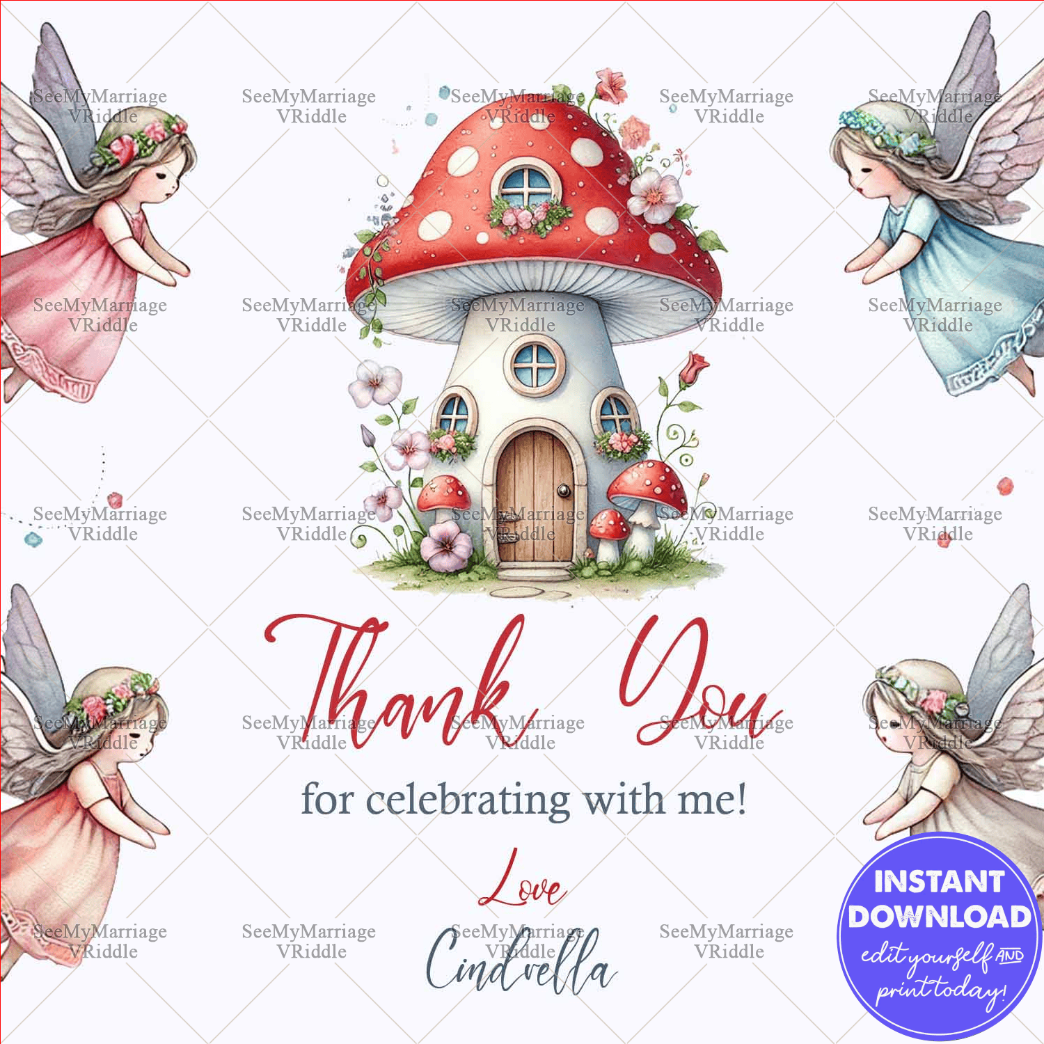 Fairy Cottage Thank You Card Magical Mushroom House with Flying Fairies Design