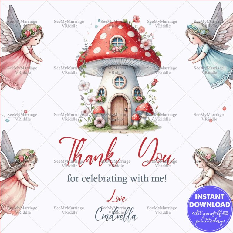 Fairy Cottage Thank You Card Magical Mushroom House with Flying Fairies Design