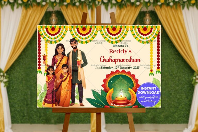 Family-Themed Traditional Gruhapravesham Invitation with Marigold Garlands, and a Glowing Diya
