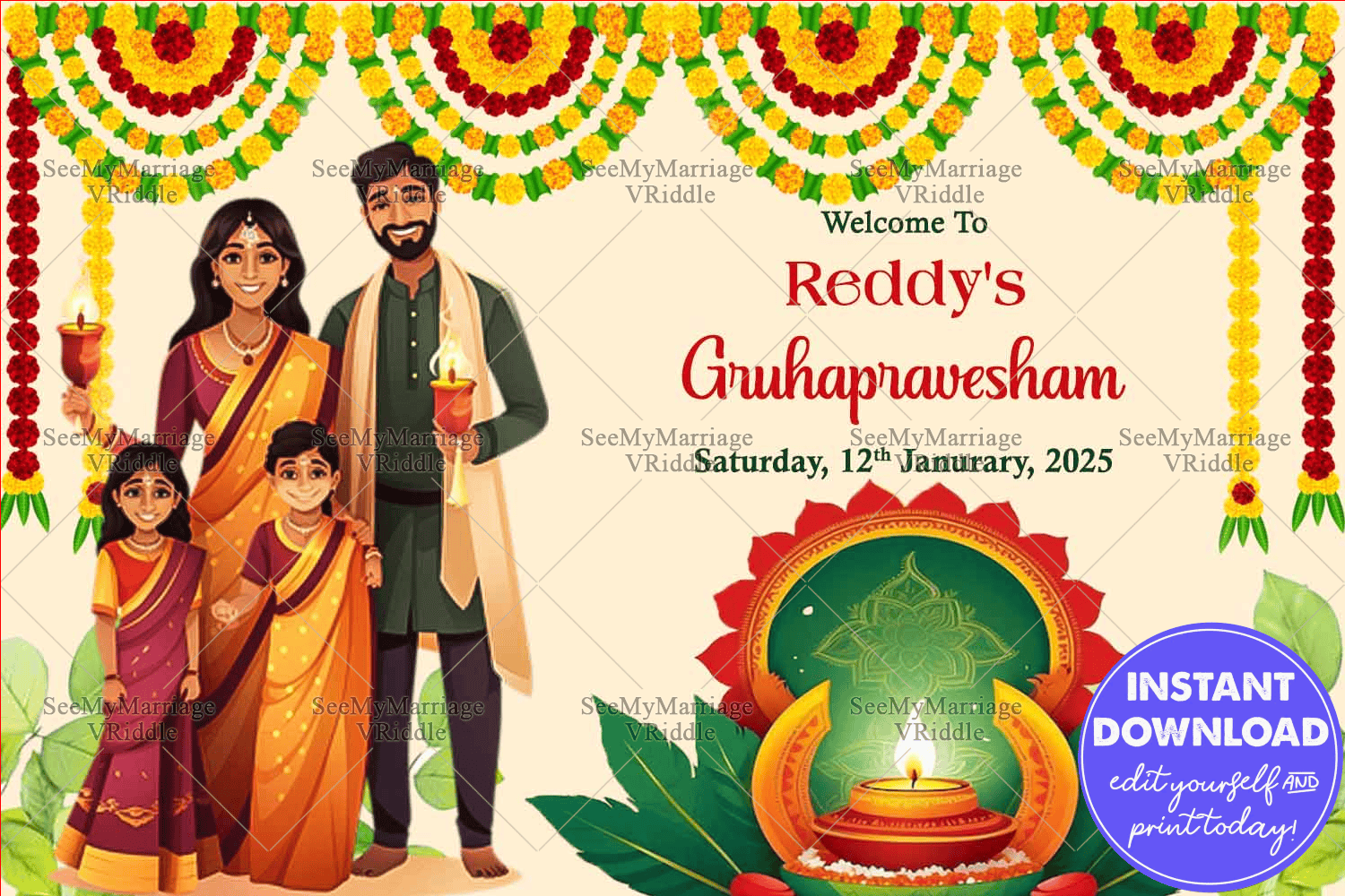 Family-Themed Traditional Gruhapravesham Invitation with Marigold Garlands, and a Glowing Diya