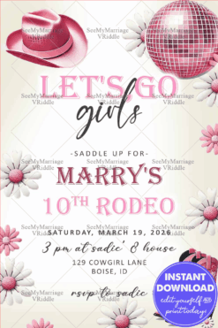 Feminine Cowgirl-Themed 10th Birthday Invitation with Fun Vibe, Pink Hat, Boots, and Disco Ball