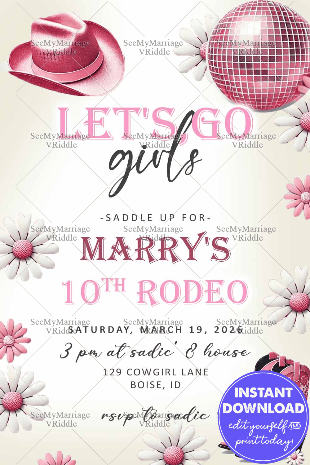 Feminine Cowgirl-Themed 10th Birthday Invitation with Fun Vibe, Pink Hat, Boots, and Disco Ball