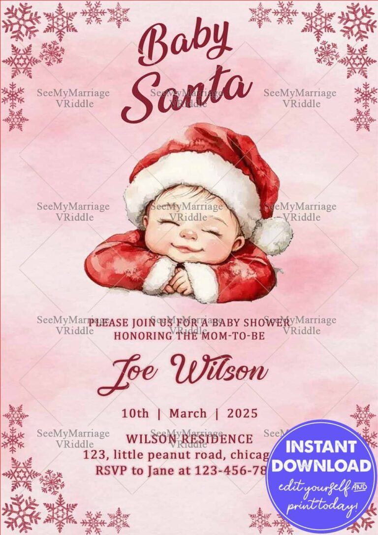 Festive Baby Santa Baby Shower Invitation with Pink Watercolor Background and Snowflake Details