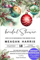 Festive Bridal Shower Invitation with Watercolor Ornaments, Greenery, and Red Berry Accents