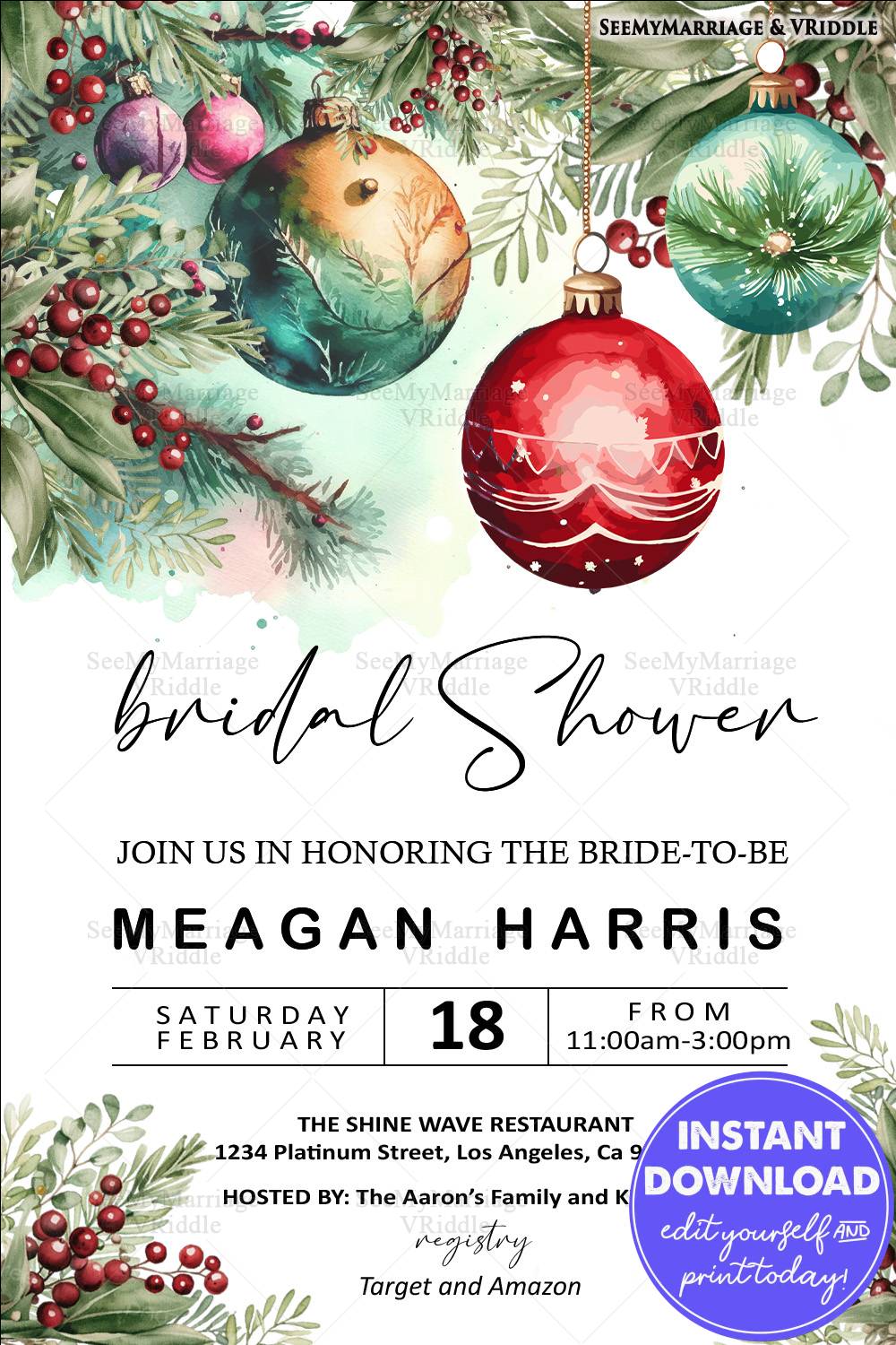 Festive Bridal Shower Invitation with Watercolor Ornaments, Greenery, and Red Berry Accents