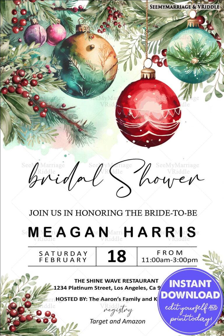 Festive Bridal Shower Invitation with Watercolor Ornaments, Greenery, and Red Berry Accents