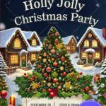 Festive Christmas Party Invitation with Decorated Tree and Cozy Village Scene