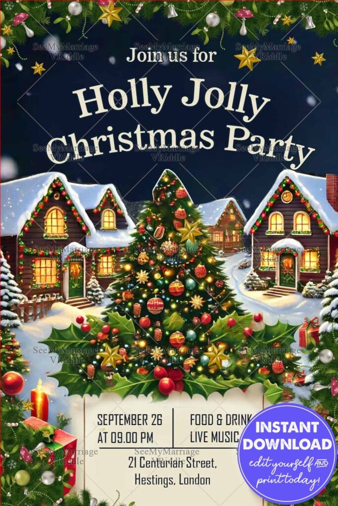 Festive Christmas Party Invitation with Decorated Tree and Cozy Village Scene