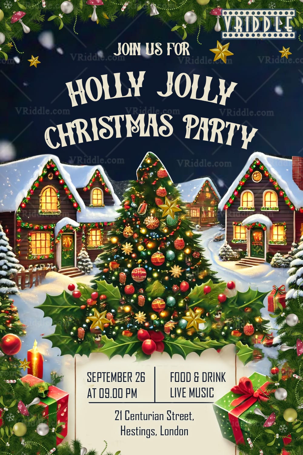 Festive Christmas Party Invitation with Decorated Tree and Cozy Village Scene