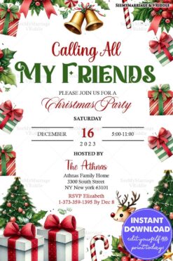 Festive Christmas Party Invitation with Reindeer, Gifts, and Holiday Decor Elements
