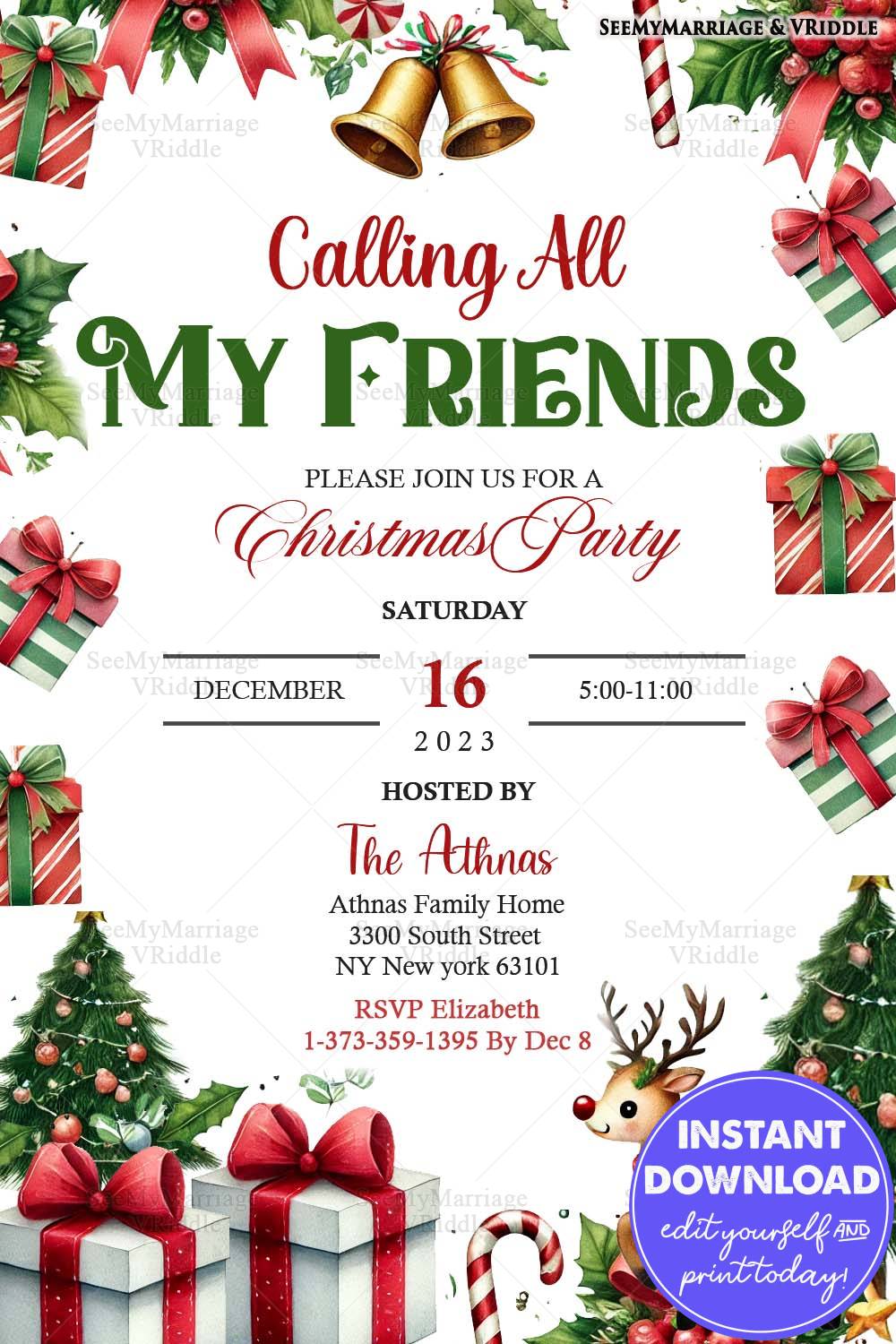 Festive Christmas Party Invitation with Reindeer, Gifts, and Holiday Decor Elements