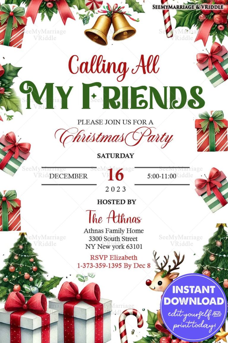 Festive Christmas Party Invitation with Reindeer, Gifts, and Holiday Decor Elements