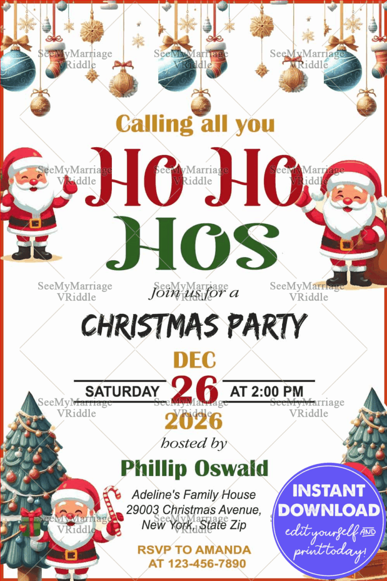 Festive Christmas Party Invitation with Santa Claus, Ornaments, and Holiday Cheer
