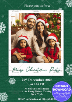Festive Family Christmas Card Green Background with Snowflakes