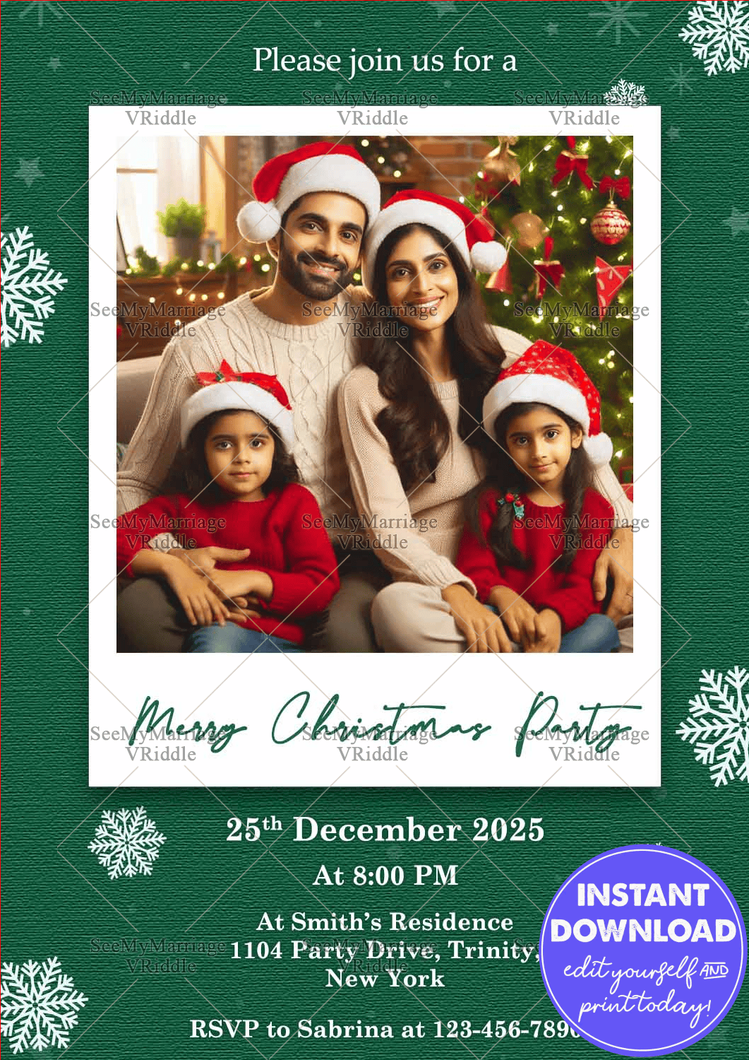 Festive Family Christmas Card Green Background with Snowflakes
