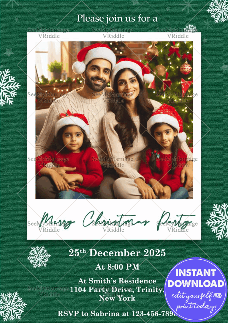 Festive Family Christmas Card Green Background with Snowflakes