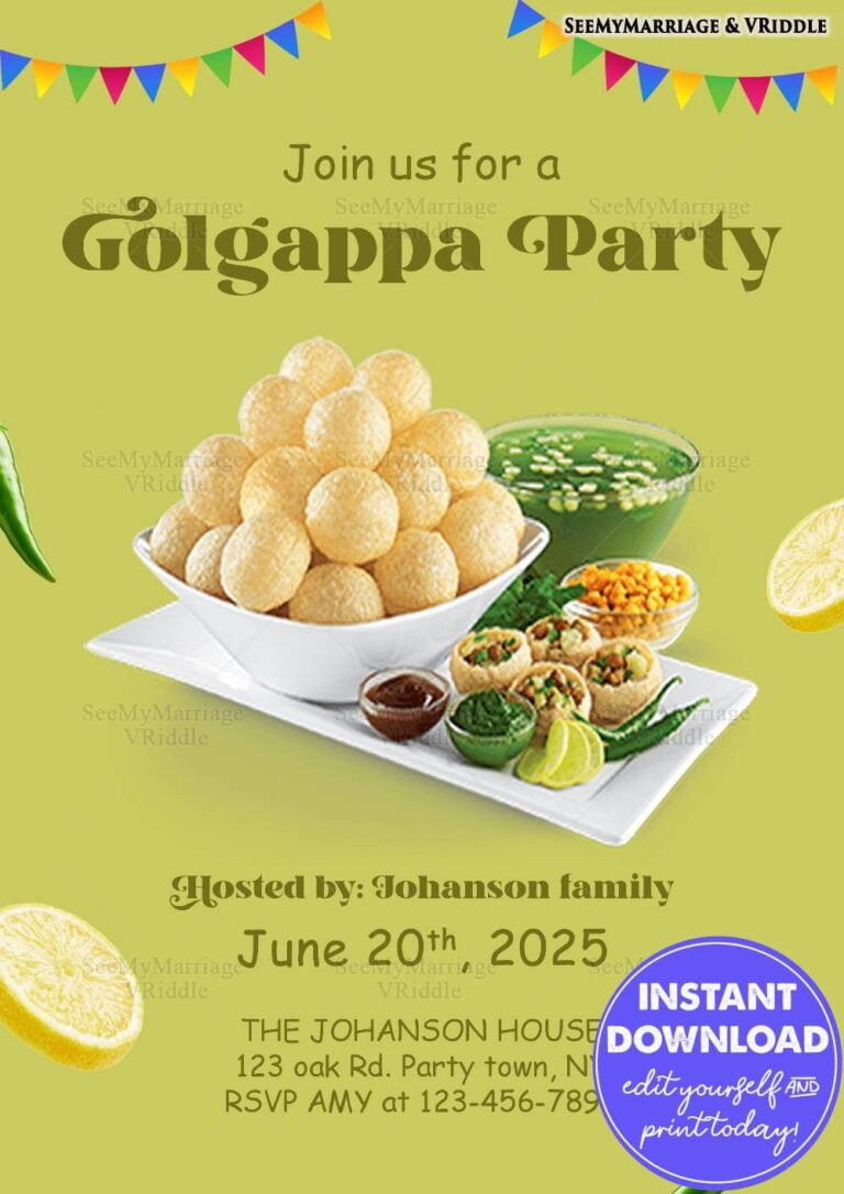 Festive Golgappa Party Invitation Featuring a Plate of Crispy Golgappas and Light Green Background