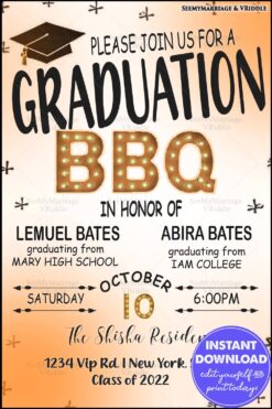 Festive Graduation BBQ Invitation with Marquee Lights and Graduation Cap on an Orange Gradient Background