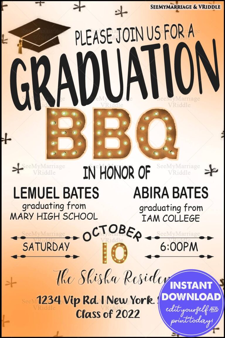 Festive Graduation BBQ Invitation with Marquee Lights and Graduation Cap on an Orange Gradient Background
